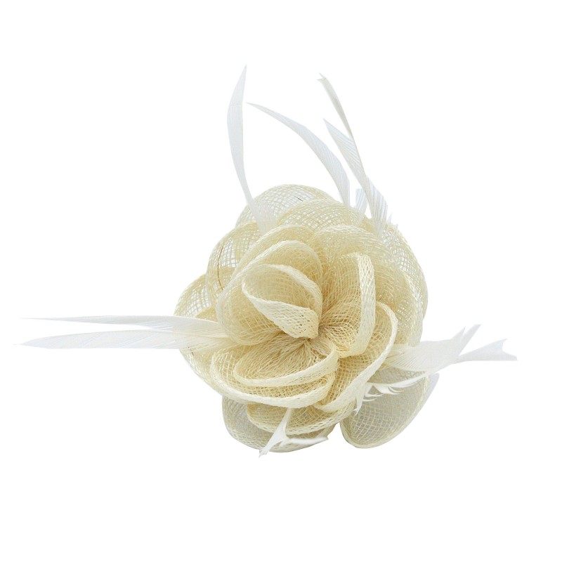 Pince Broche Fleur Plumes Sinamay Mariage IVoire