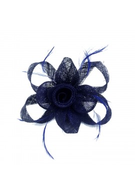 Pince Broche Mariage Fleur Trompe Sisal Plumes Bleu Roy