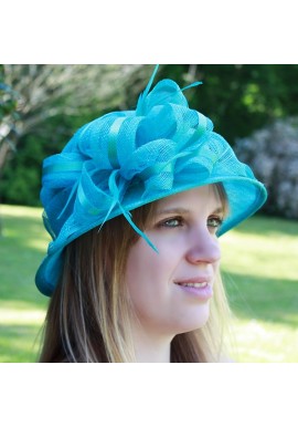 Chapeau Mariage Ceremonie  Rubans Fleur Plume Bleu Turquoise