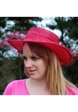 Chapeau Mariage Voilette Fleur Noeud Plume Rose Fushia