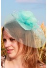 Mini Chapeau Mariage Bibi Tulle Plume Fleur Pois Bleu Ciel