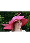 Chapeau Mariage Ceremonie Sisal Plume Noeuds Rose Fushia