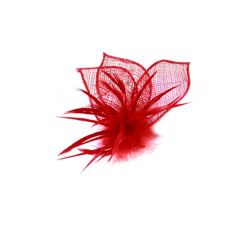 Pince Broche Mariage Pétales Fleur Plumes Sinamay Rouge