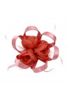 Pince Broche Mariage Tri Fleurs Plumes Rond Ruban Satiné  Rose Corail