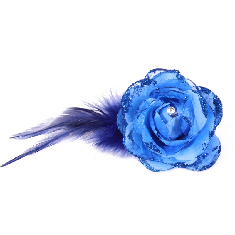 Pince Broche Mariage Fleur Tissu Scintillant Strass Bleu Marine