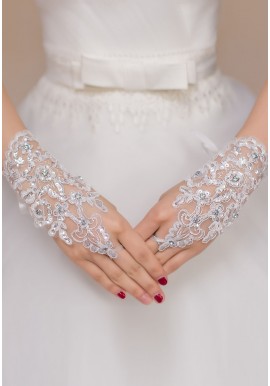 Gants Mitaines Blancs Arabesques Strass Diamants