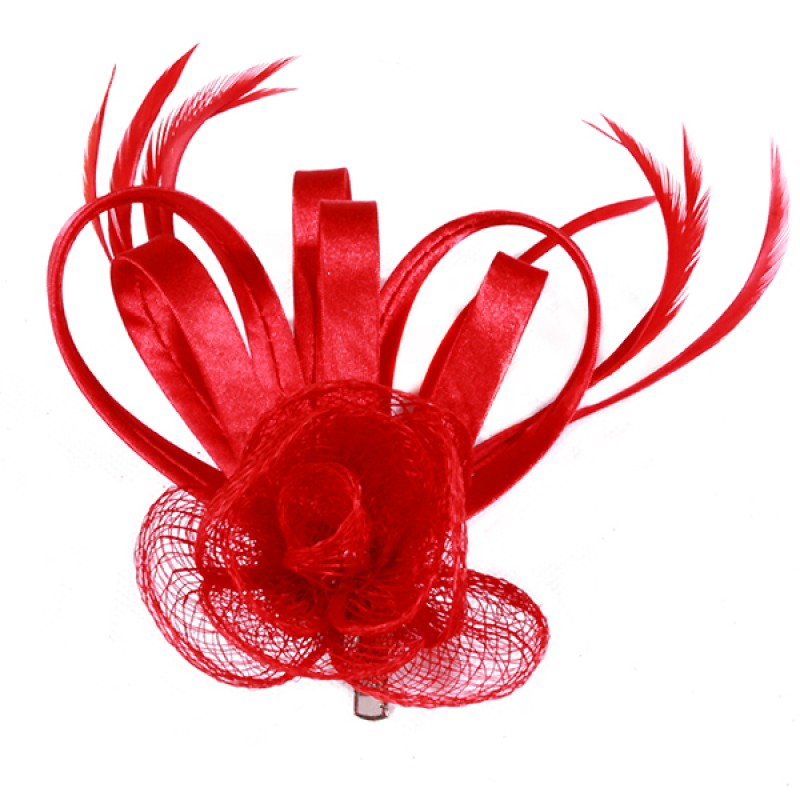 Pince Broche Mariage Fleur Sisal Plumes Rose Satiné Rouge