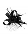 Pince Broche Mariage Voilette Sisal Trèfles Plumes Noir