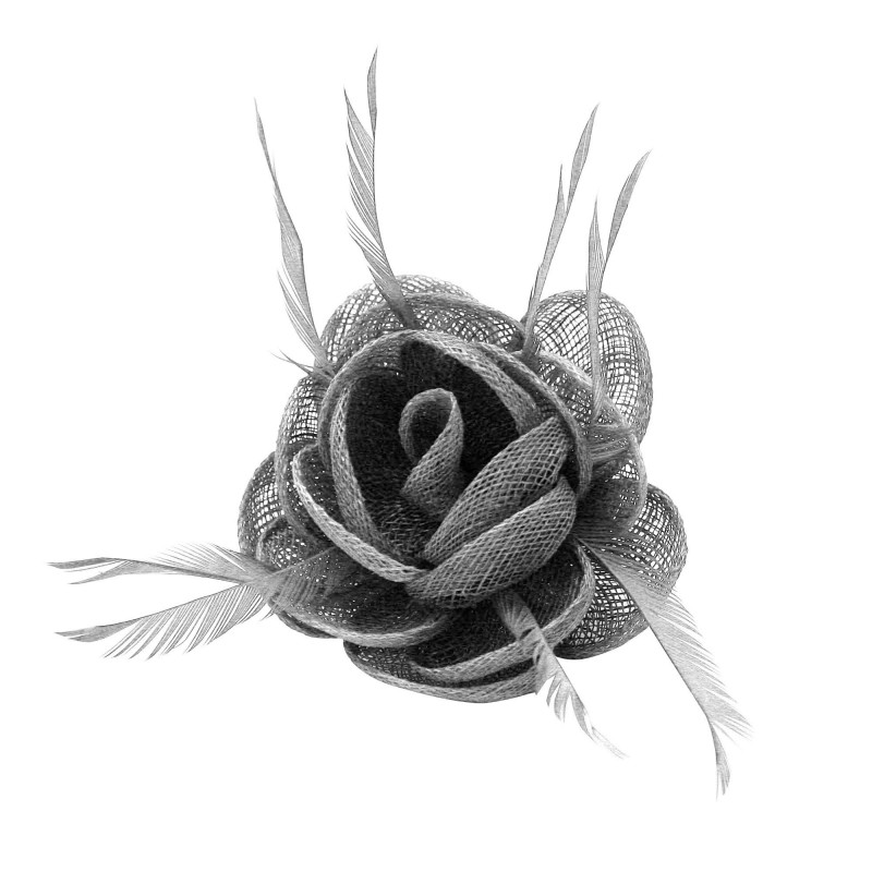 Pince Broche Fleur Plumes Sinamay Mariage Gris