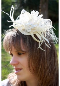 Serre Tête Bibi Mariage Fleur Pois Plumes Filet Ivoire