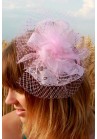 Mini Chapeau Mariage Tulle Plume Filet Strass Rose