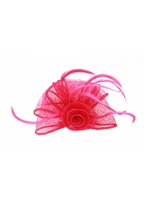 Pince Broche Fleur Plumes Sinamay Mariage Rose Fushia