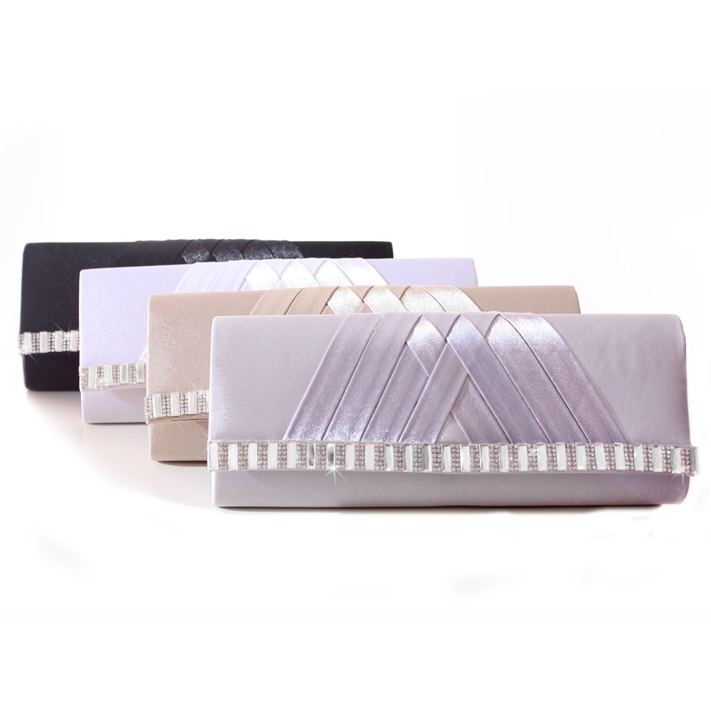 Pochette Mariage Satin Lisere Droit Strass (Noir, Blanc, Argent, Beige)