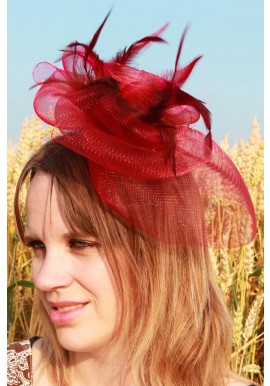 Mini Chapeau Mariage Bibi Tulle Plume Fleur Bordeaux