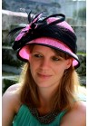 Chapeau Mariage Ruban Noir Plume Rose fushia