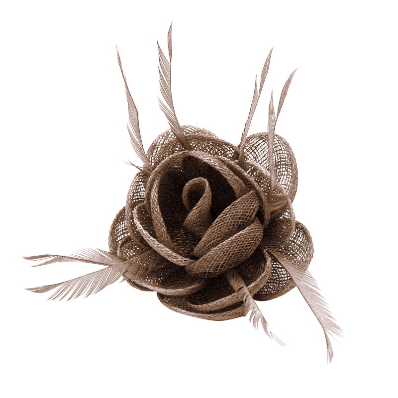 Pince Broche Fleur Plumes Sinamay Mariage Gris Violet 