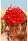 Mini Chapeau Mariage Tulle Plume Fleur Strass Rouge