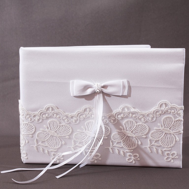 Livre d'Or Mariage Blanc Noeud Broderie Papillon