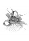 Pince Broche Mariage Voilette Sisal Trèfles Plumes Gris