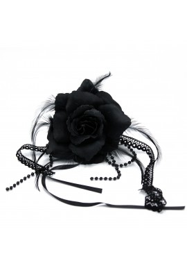 Broche Chouchou Mariage Fleur Tissu Scintillant Noir Ruban Perles