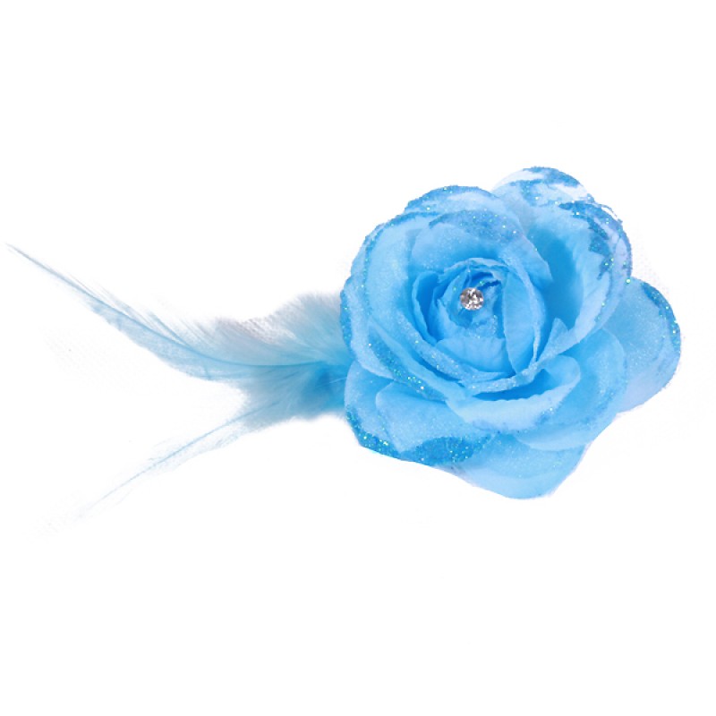 Pince Broche Mariage Fleur Tissu Scintillant Strass Bleu Ciel
