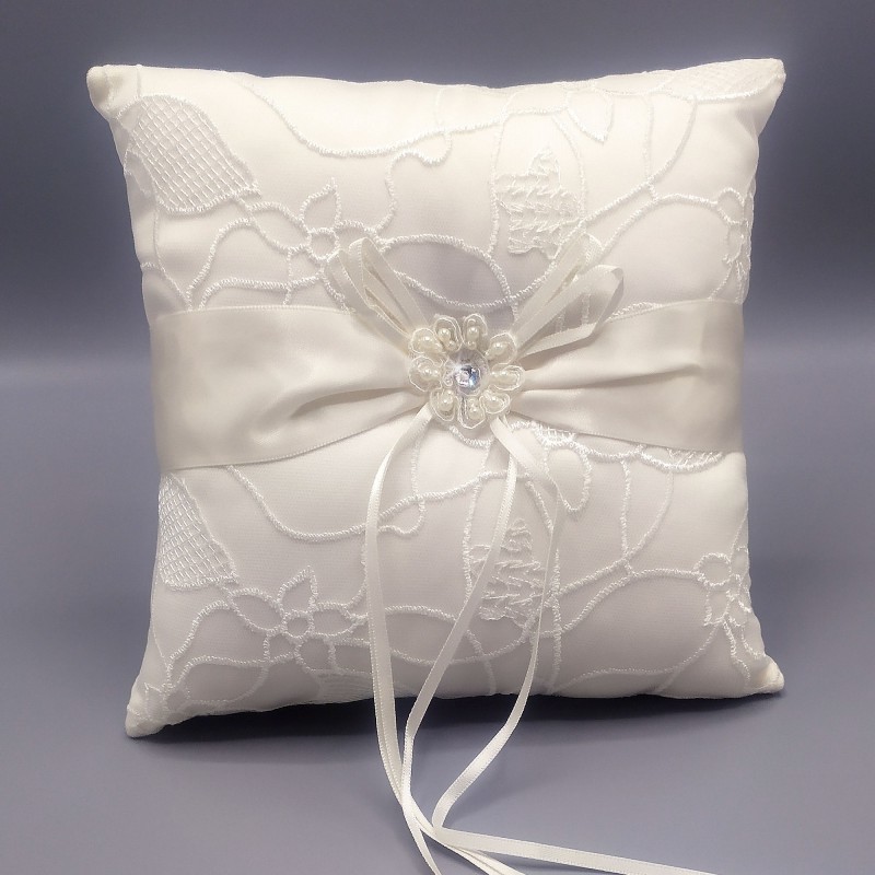 Coussin Mariage Porte Alliances Broderie Ruban Perle Strass Ivoire