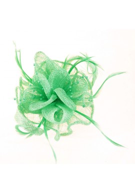 Pince Broche Mariage Ondulée Sisal Perlées Plumes Vert Pal