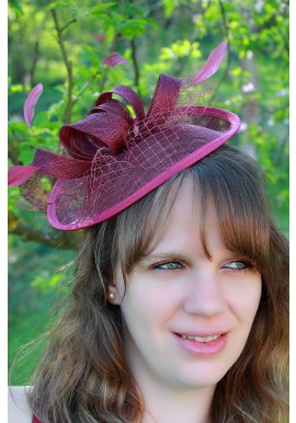 Chapeau Bibi Mariage Filet Plume Bordeau