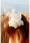 Pince Broche Mariage Tulle Plume Strass  Blanc