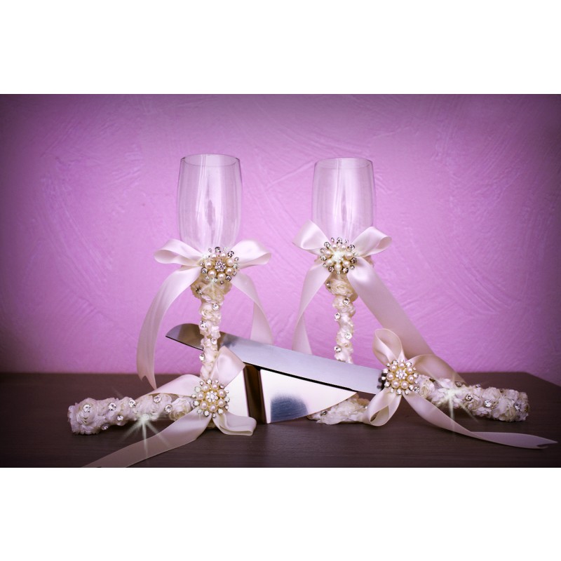 Flute Coupe Champagne Mariage Strass Ruban Perle Ivoire