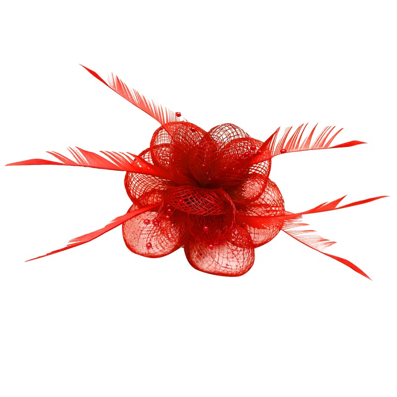 Pince Broche Mariage Double Fleur Perles Plumes Rouge
