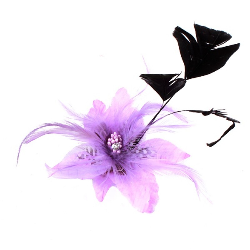 Pince Broche Ceremonie Soirée Mariage Fleur Plumes Strass Violet Lilas