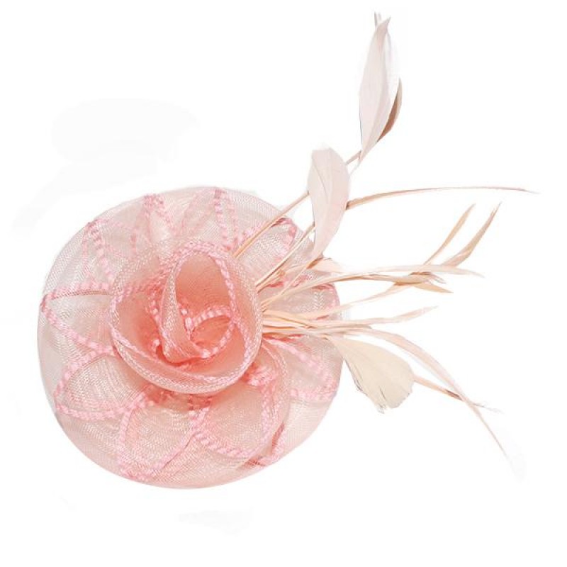 Pince Broche Fleur Tulle Plumes Mariage Rose Corail 