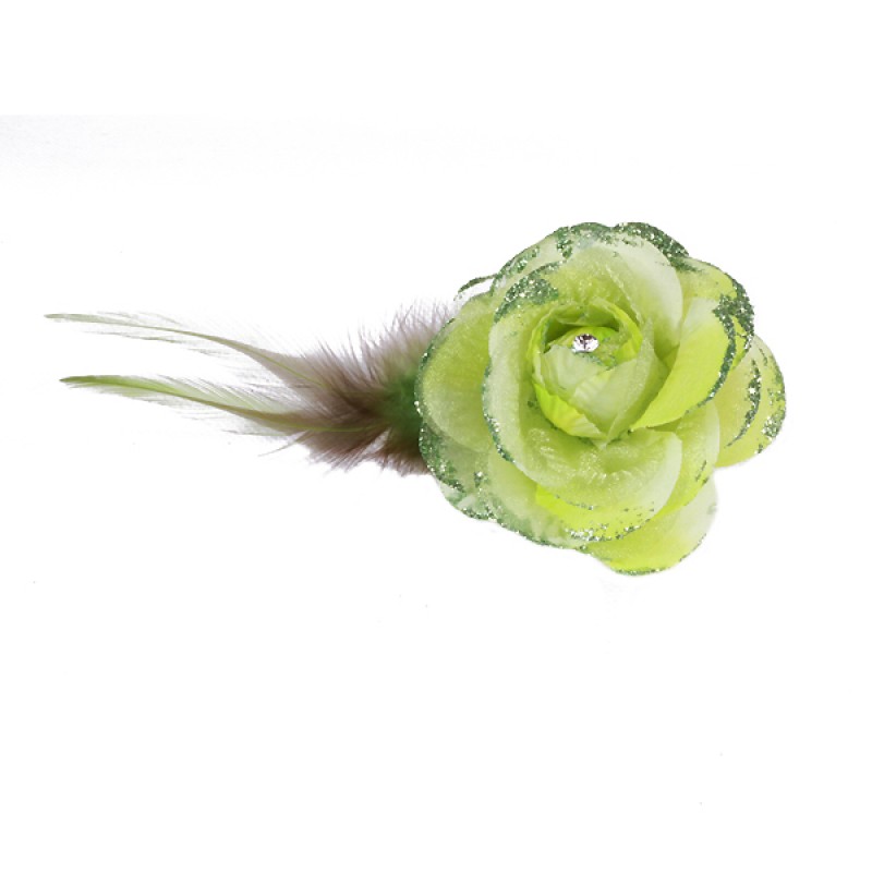 Pince Broche Mariage Fleur Tissu Scintillant Strass Vert
