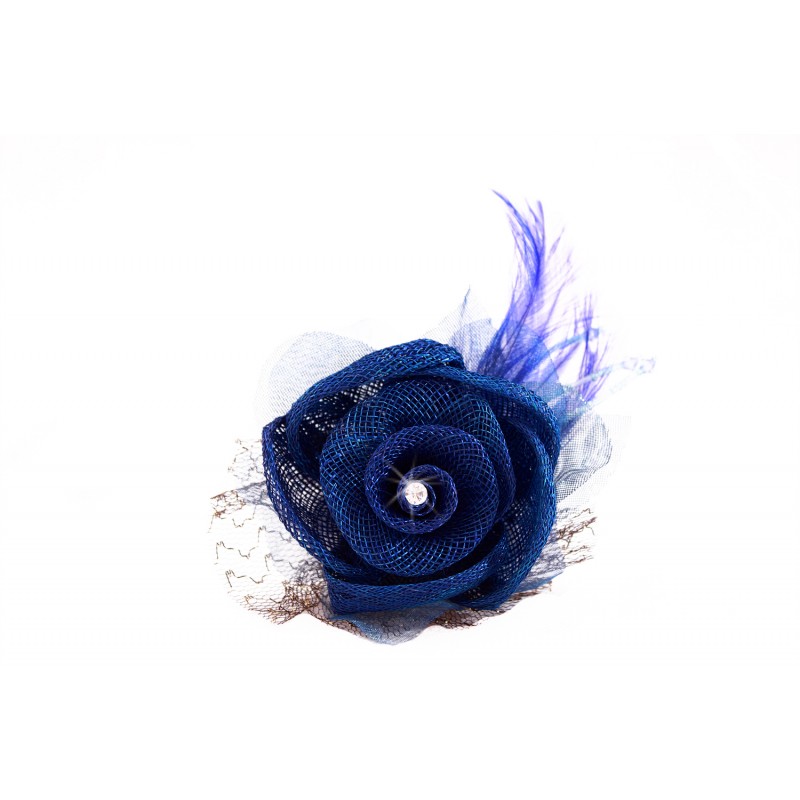 Pince Broche Fleur Feuilles Sinamay Mariage Bleu roy