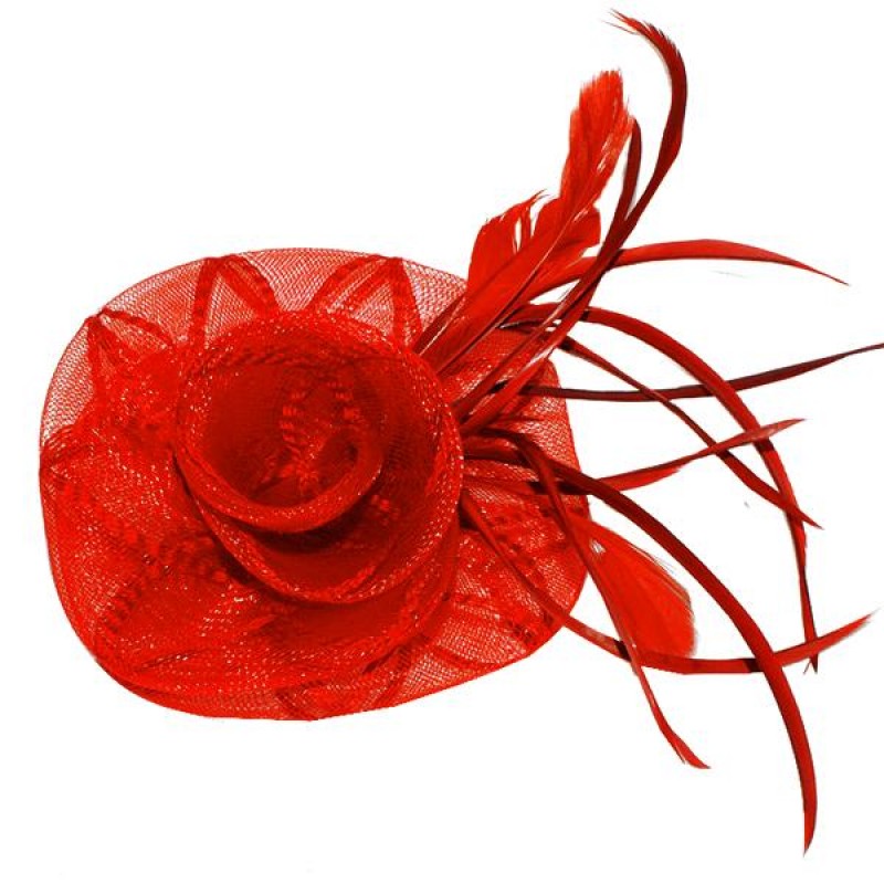 Pince Broche Fleur Tulle Plumes Mariage Rouge