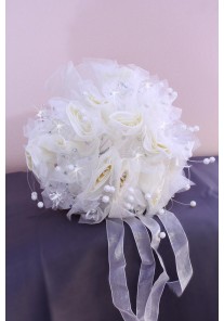 Bouquet de Mariée Rond Fleurs Strass Perles (Blanc, Ivoire)