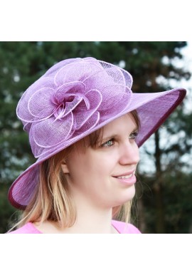 Chapeau Mariage Sisal Ruban Fleur Plume Violet Lilas