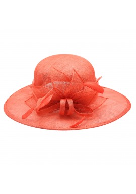 Chapeau Noeud Mariage Capeline Plume Feuilles Palmier Rose Corail