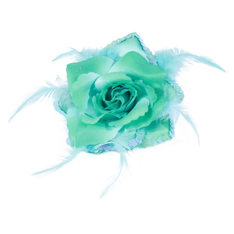 Broche Elastique Mariage Fleur Tissu Scintillante Paillette Bleu Turquoise