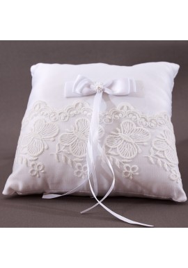 Coussin Mariage Porte Alliances Blanc Noeud Broderie Papillon