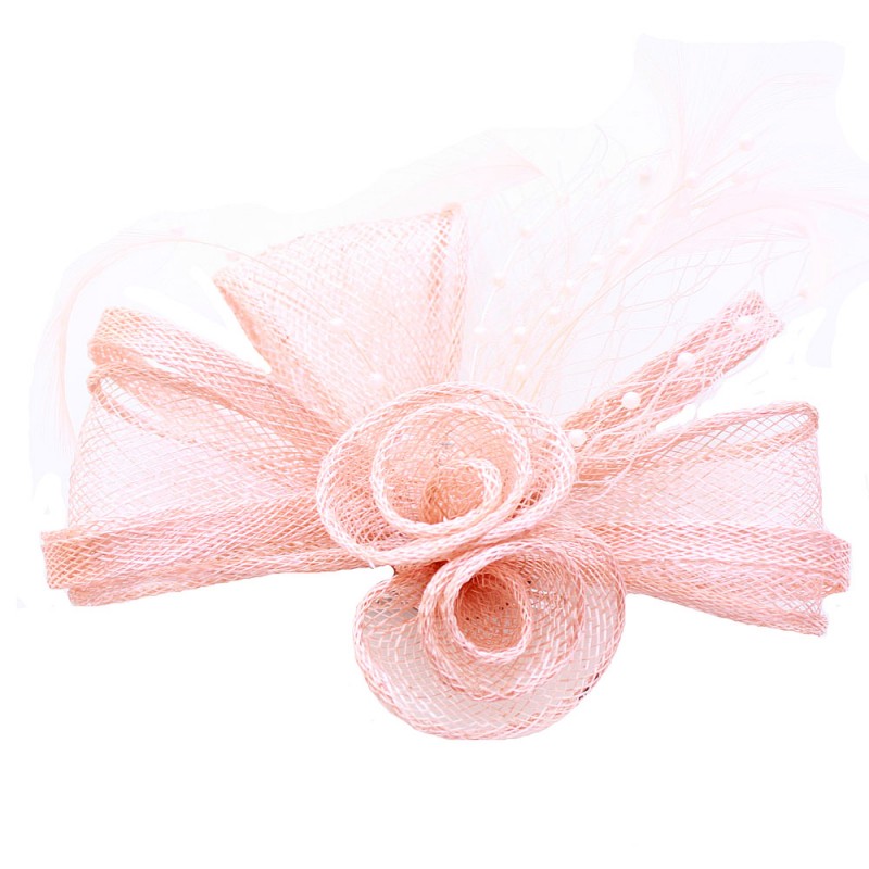 Pince Broche Mariage Voilette Sisal Perlées Plumes  Rose Corail