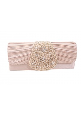 Pochette Mariage Satin Plissé Strass Perles Beige