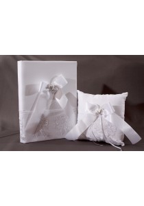 Ensemble Livre d'Or Coussin Mariage Blanc Dentelle Floral Coeur