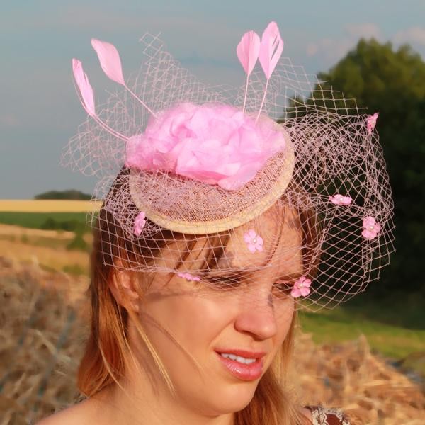 Serre Tête Chapeau Bibi Mariage Voilette Perles Fleur Plumes Rose Pal