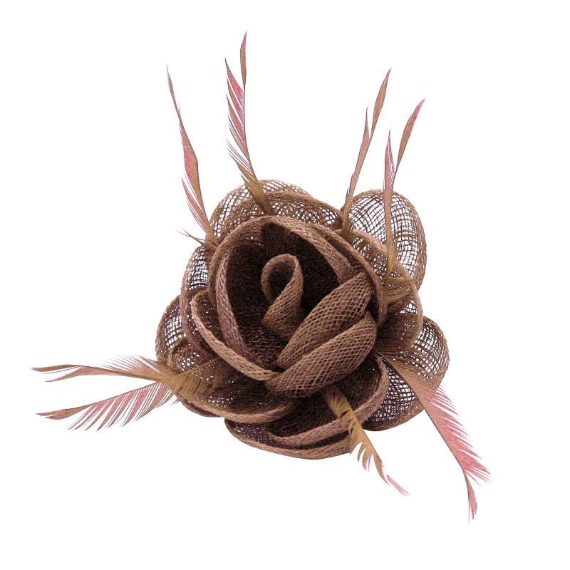 Pince Broche Fleur Plumes Sinamay Mariage Vieux Rose
