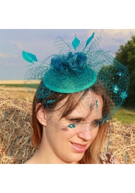 Serre Tête Chapeau Bibi Mariage Voilette Perles Fleur Plumes Bleu Turquoise