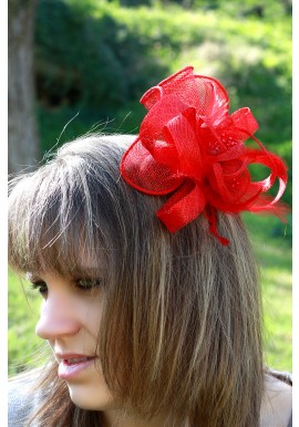 Chapeau Double Fleur Bibi Peigne Mariage Plumes Perles Rouge