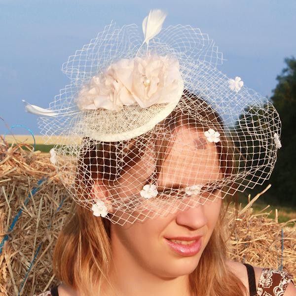 Serre Tête Chapeau Bibi Mariage Voilette Perles Fleur Plumes Ivoire