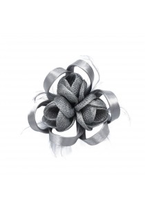 Pince Broche Mariage Tri Fleurs Plumes Rond Ruban Satiné Gris